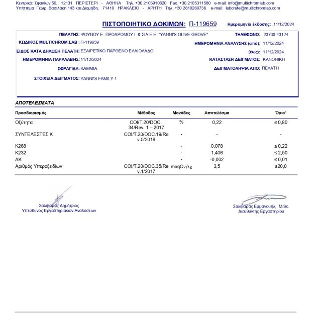 Certificat Analiza Ulei de masline Family Yannis