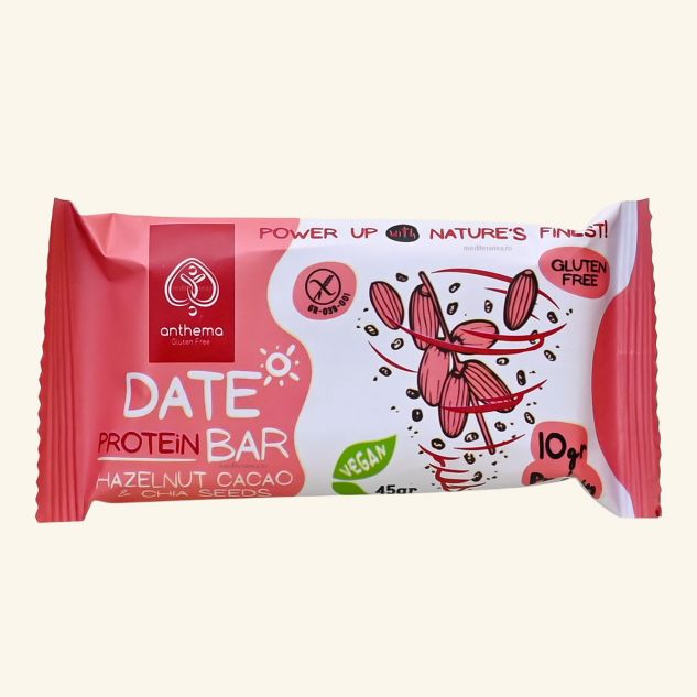 Date protein bar cu alune, cacao si seminte de chia 45g