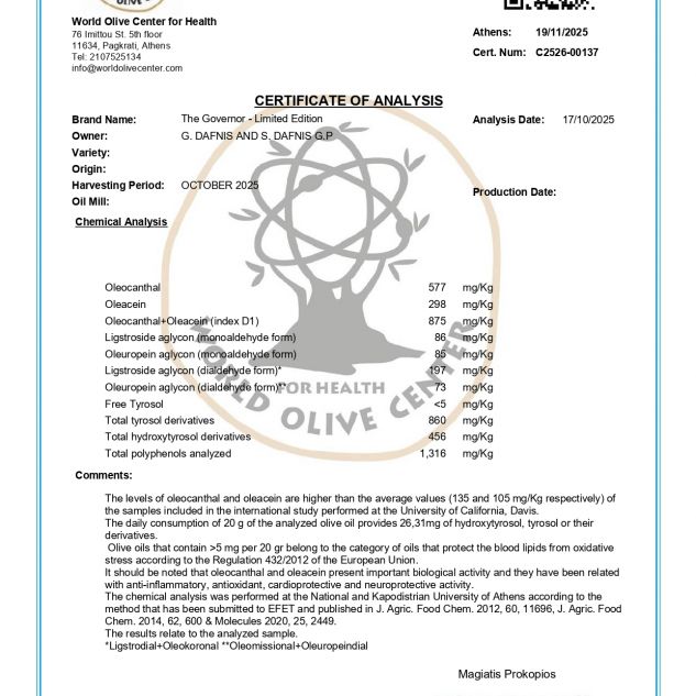 Ulei de masline extravirgin nefiltrat Premium Limited Edition The Governor